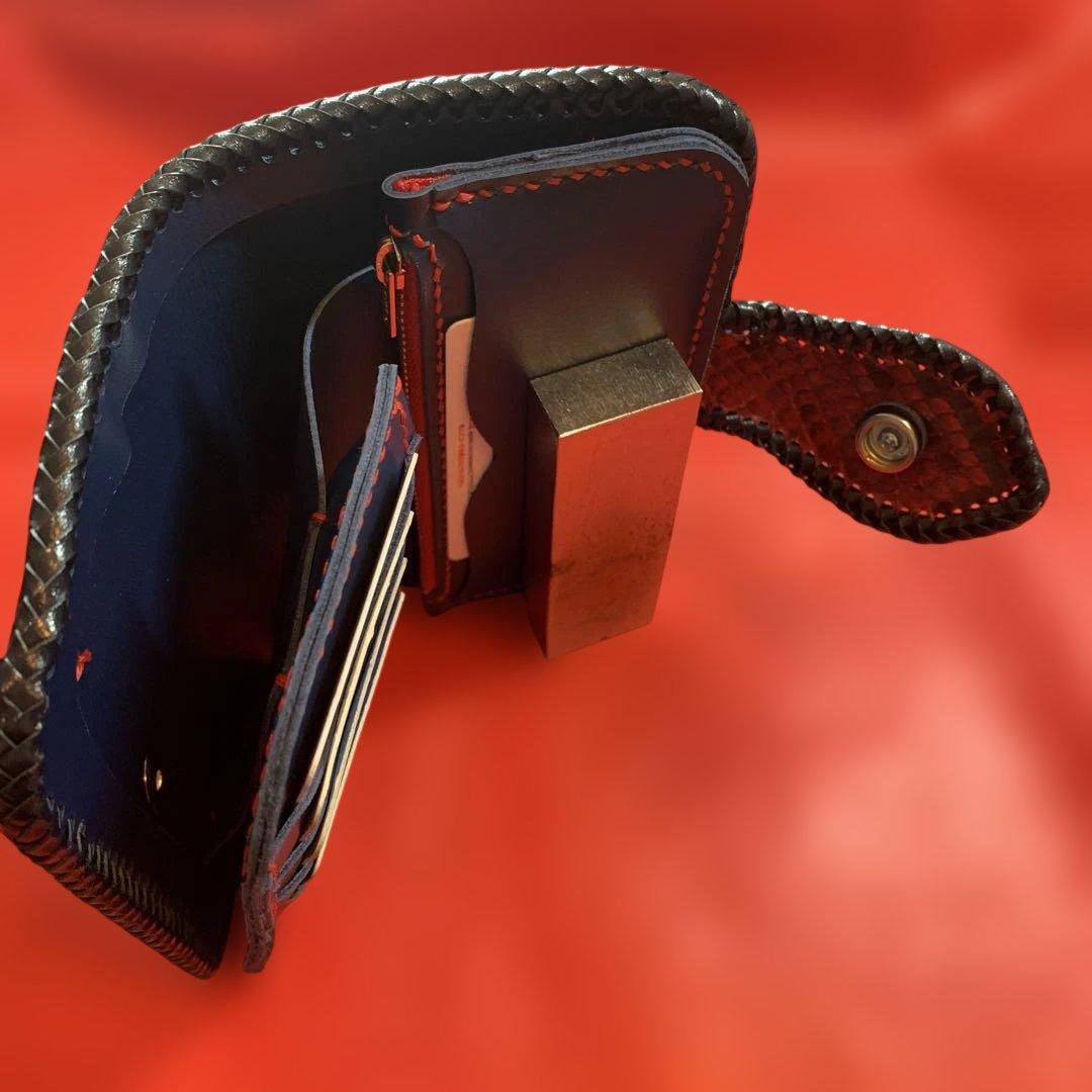 ハンドメイドレザークラフトレッドパイソンミドルウォレット牛革紺色牛レース編み紺色