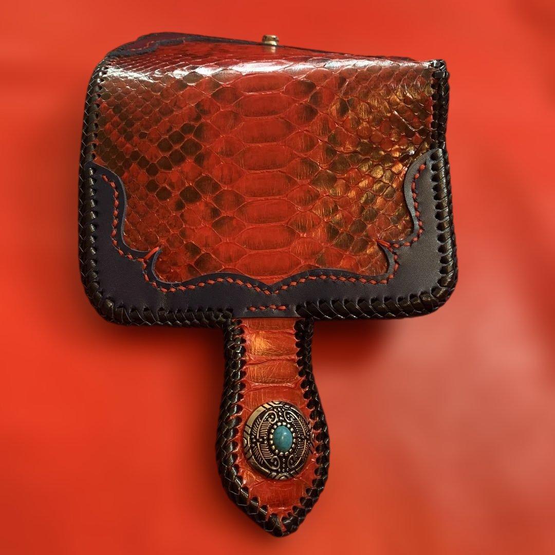 ハンドメイドレザークラフトレッドパイソンミドルウォレット牛革紺色牛レース編み紺色