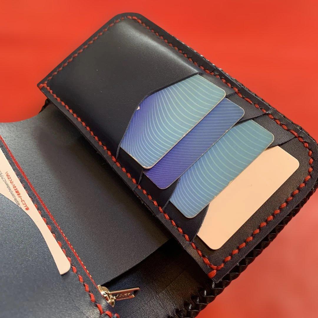 ハンドメイドレザークラフトレッドパイソンミドルウォレット牛革紺色牛レース編み紺色