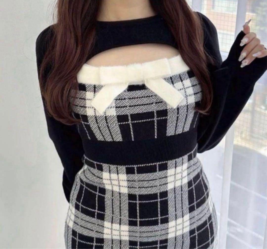 ♡evelyn バストリボンチェックニットOP ブラック 新品未使用♡