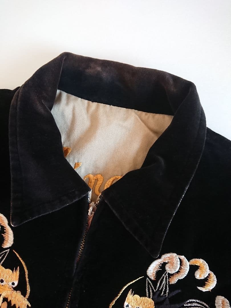 【希少】東洋テーラー 別珍 襟付 スカジャン M 黒 龍 鷹 刺繍 リバーシブル