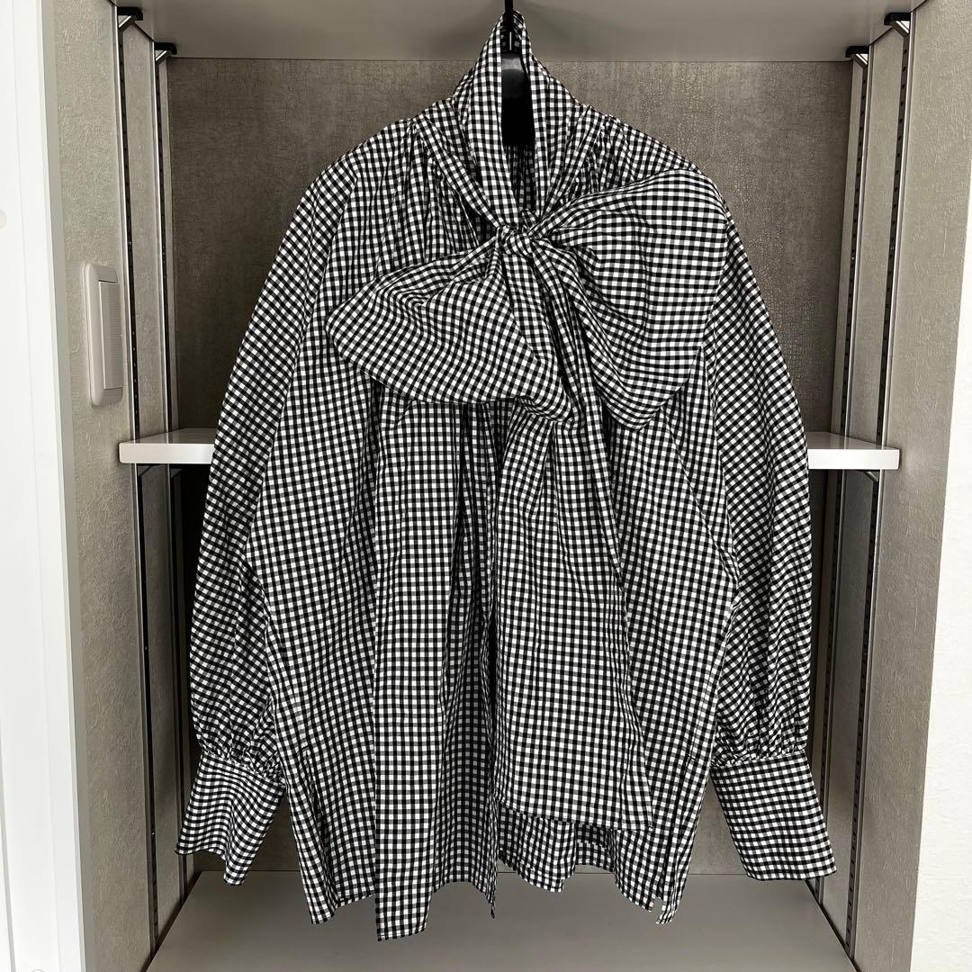 ウィムガゼット　ギンガムチェックボウタイブラウス　ブラック　長袖　リボンコットン