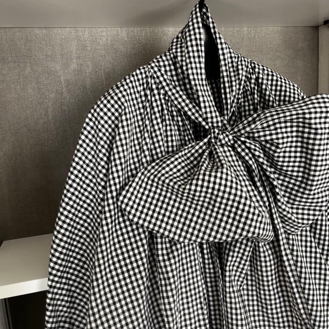 ウィムガゼット　ギンガムチェックボウタイブラウス　ブラック　長袖　リボンコットン