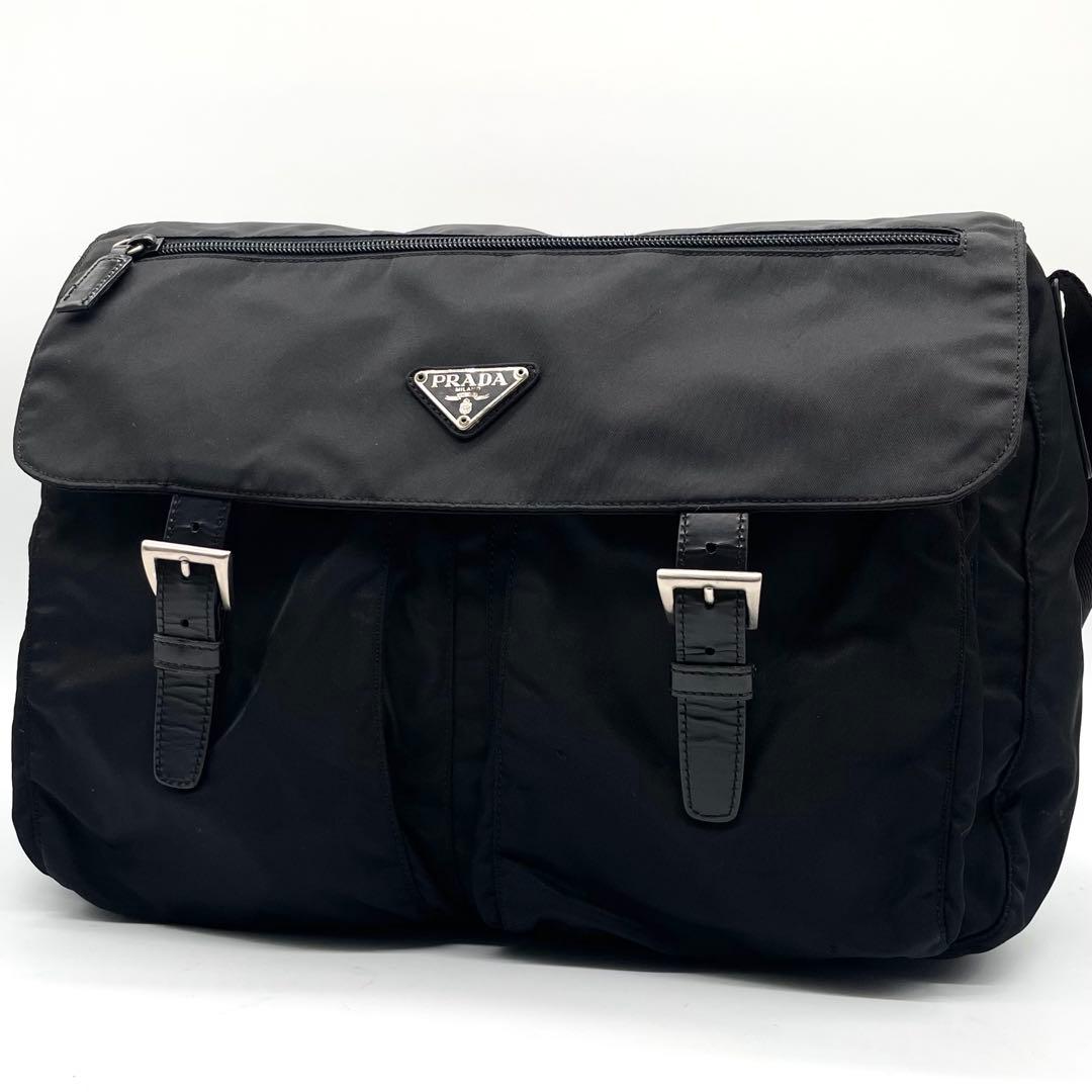 【極美品】プラダ メッセンジャーバッグ ナイロン レザー 三角ロゴ ブラック 黒
