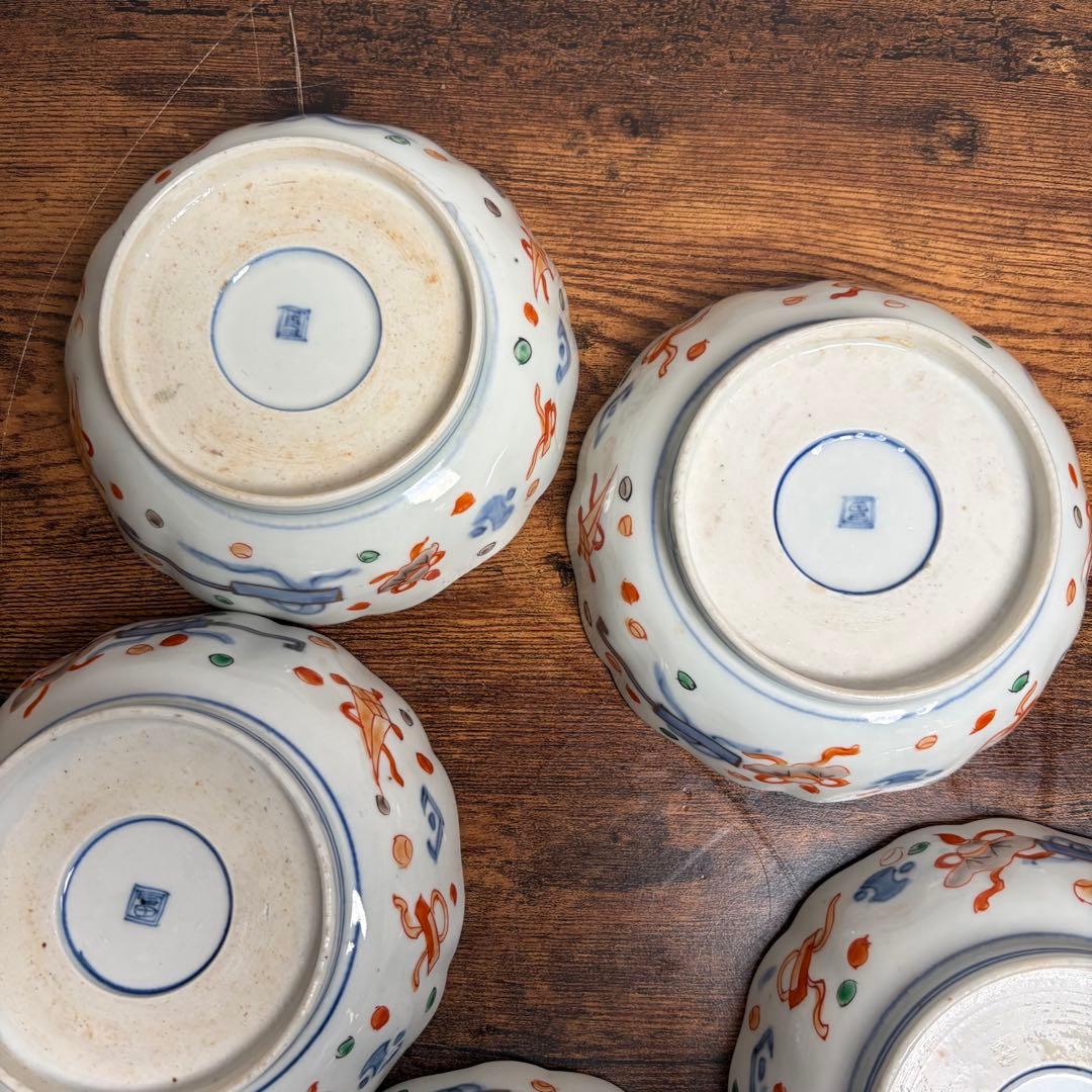 古伊万里　赤絵金彩鶴図なます皿五客　鉢/深鉢/お皿/アンティーク