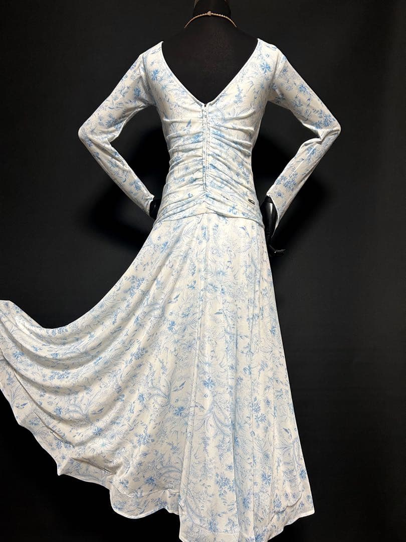 社交ダンス★ジャンティドレス★ホワイト&ライトブルー花柄★サイズL★新品未使用品