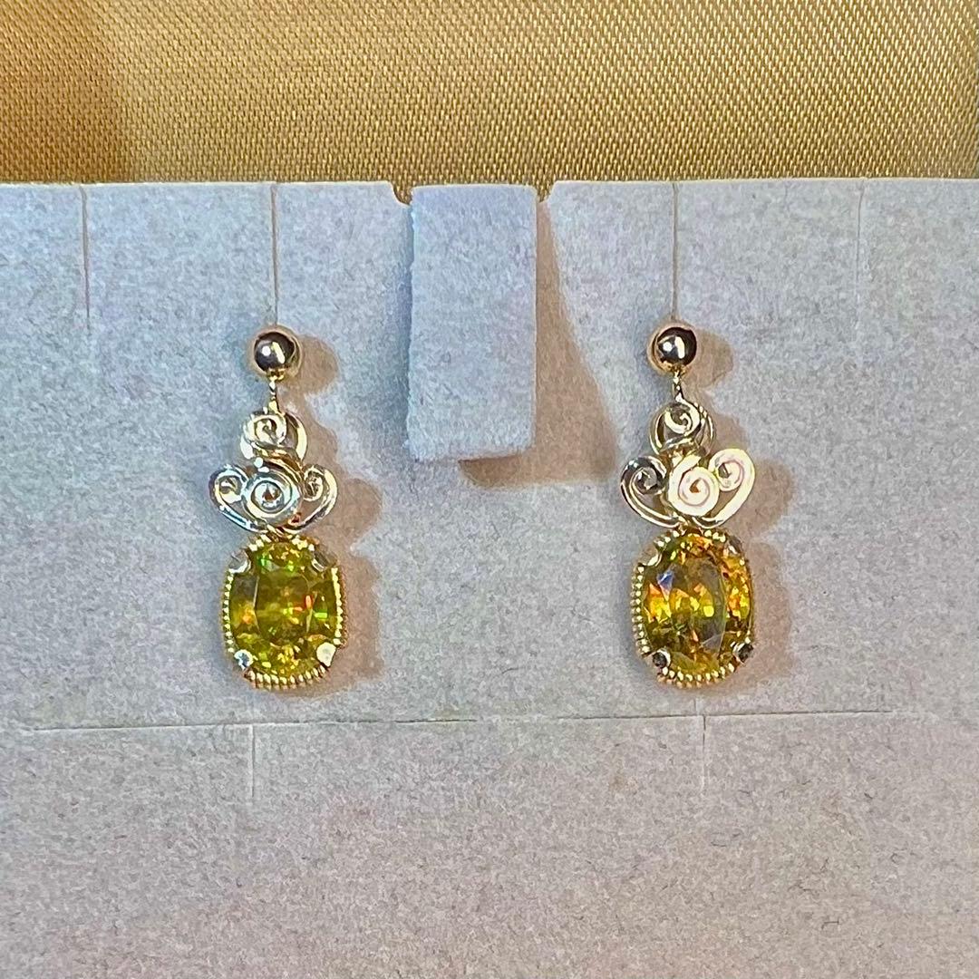 天然石　スフェーン　ピアス　ワイヤーラッピング　14kgf