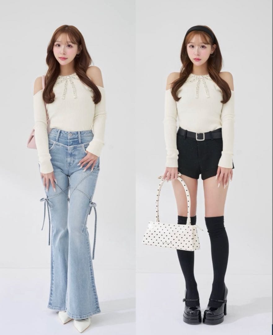 ダーリッチ　リボンビジューアメスリニットトップス　　IVO