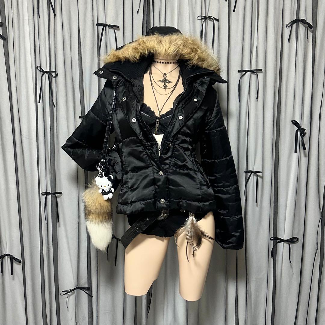 平成ギャル y2k　光沢　リアルファー付きダウン　短丈　お兄系　グランジ　黒