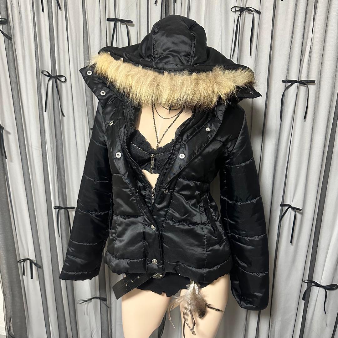 平成ギャル y2k　光沢　リアルファー付きダウン　短丈　お兄系　グランジ　黒