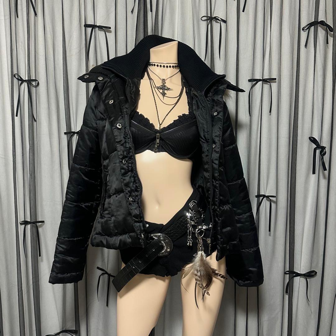 平成ギャル y2k　光沢　リアルファー付きダウン　短丈　お兄系　グランジ　黒