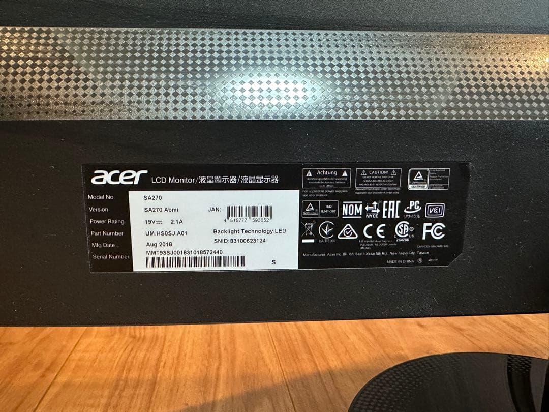 Acer 27インチ モニター 本体