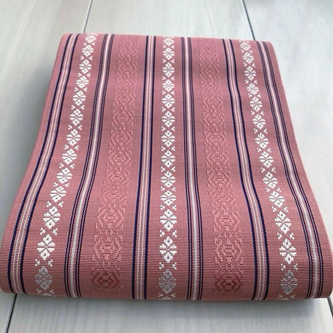本場筑前博多織　半幅帯　縞模様　正絹　ピンクベージュ　No.7-22
