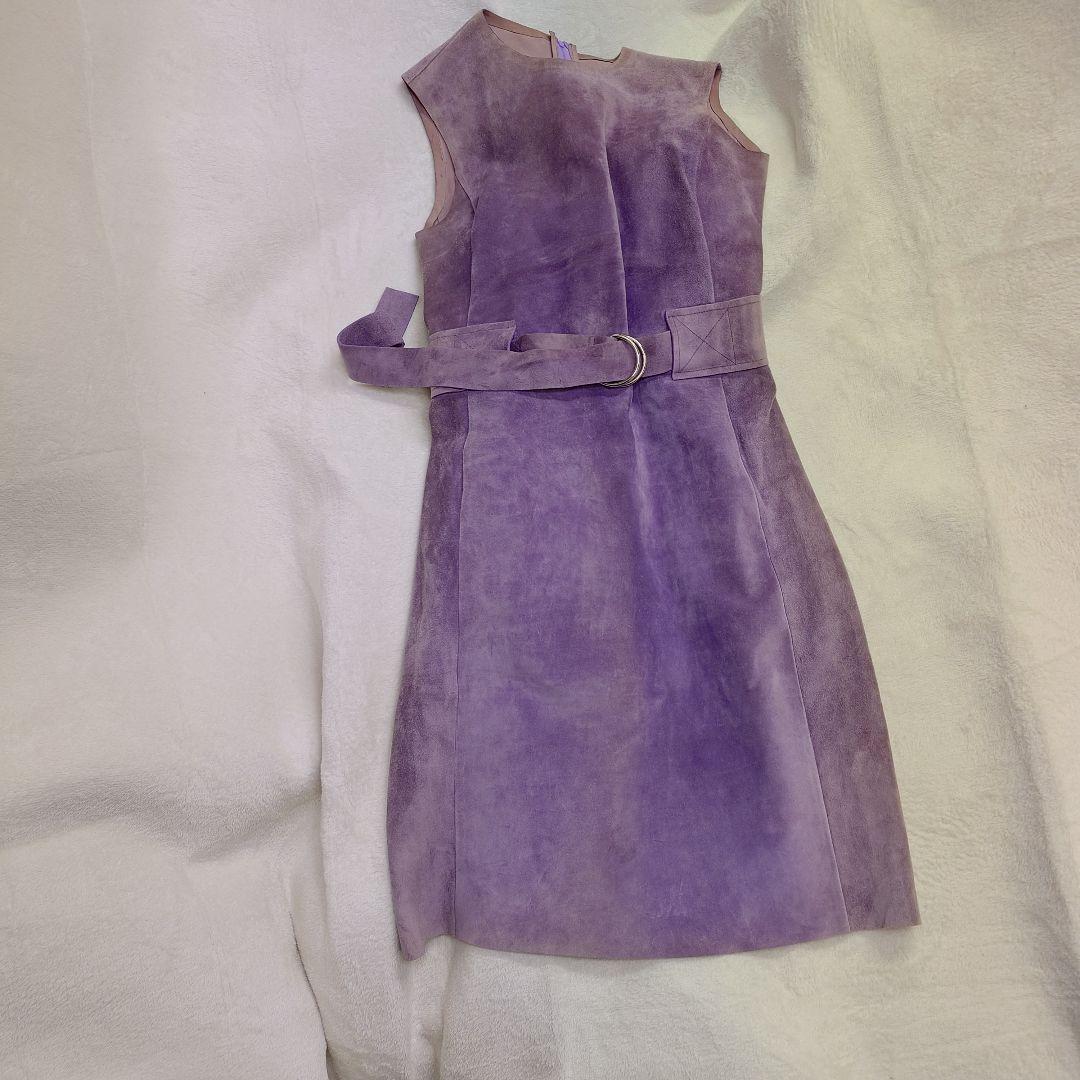 美品 希少 セリーヌ CELINE 牛革 レザー ワンピース 36 パープル 紫