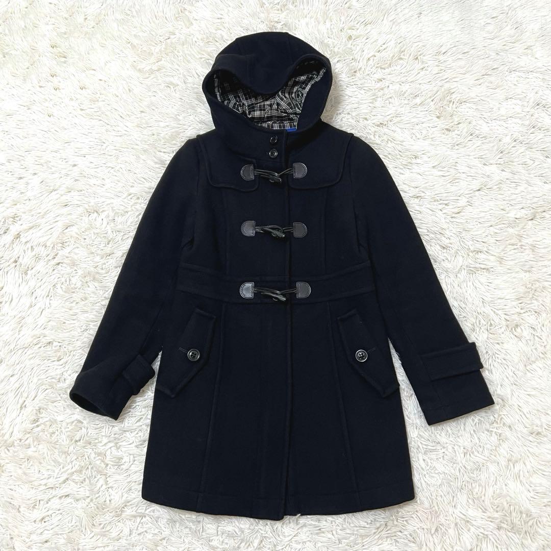 バーバリーブルーレーベル ダッフルコート チェック Aライン フード 黒 M