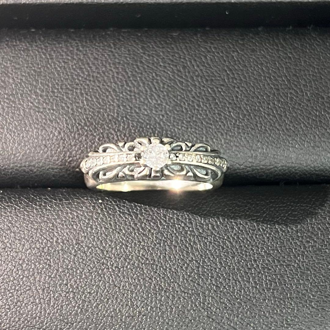 シルバー925素材 シルバー フローラルリング 上級ジルコニア クロスリング