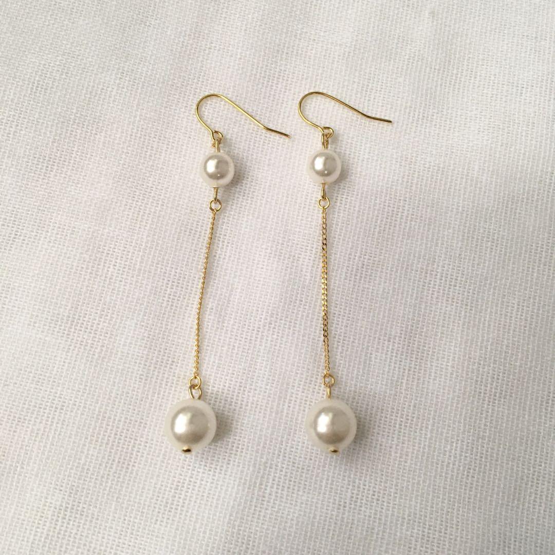 #374 スワロフスキーパール　6ミリ×8ミリ チェーンピアス／イヤリング変更可