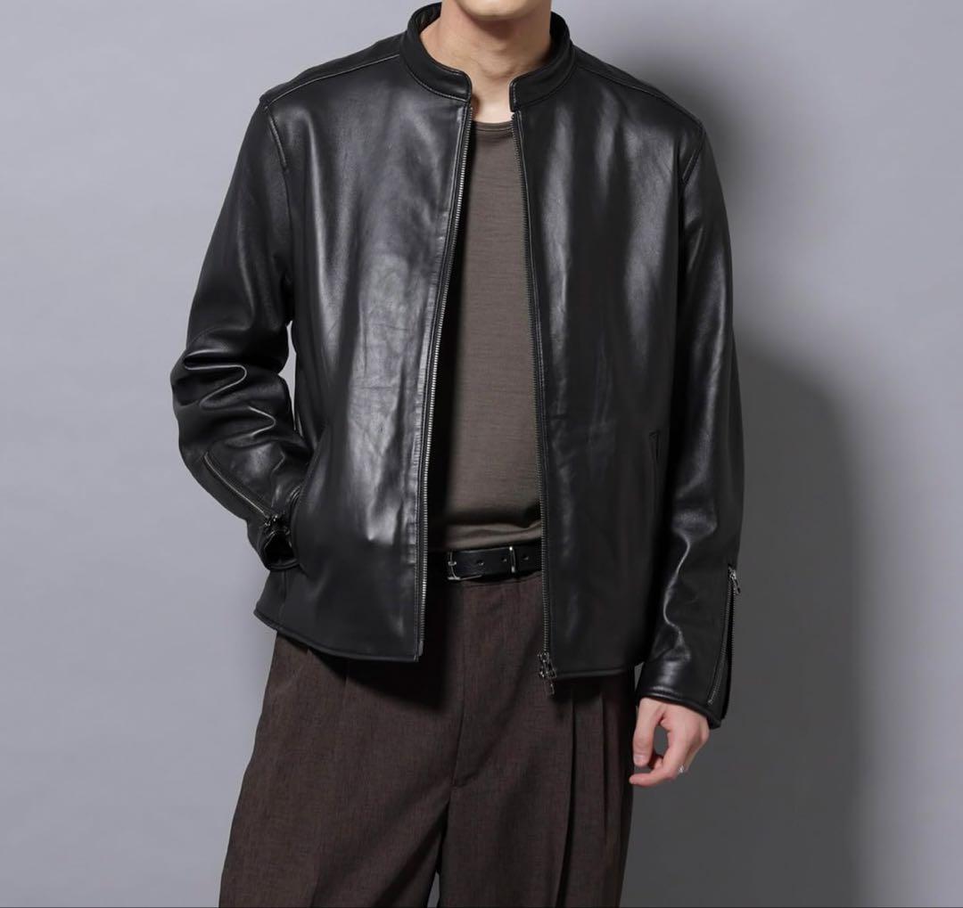 [ナノ・ユニバース] バンドカラー レザー シングル ライダースジャケット