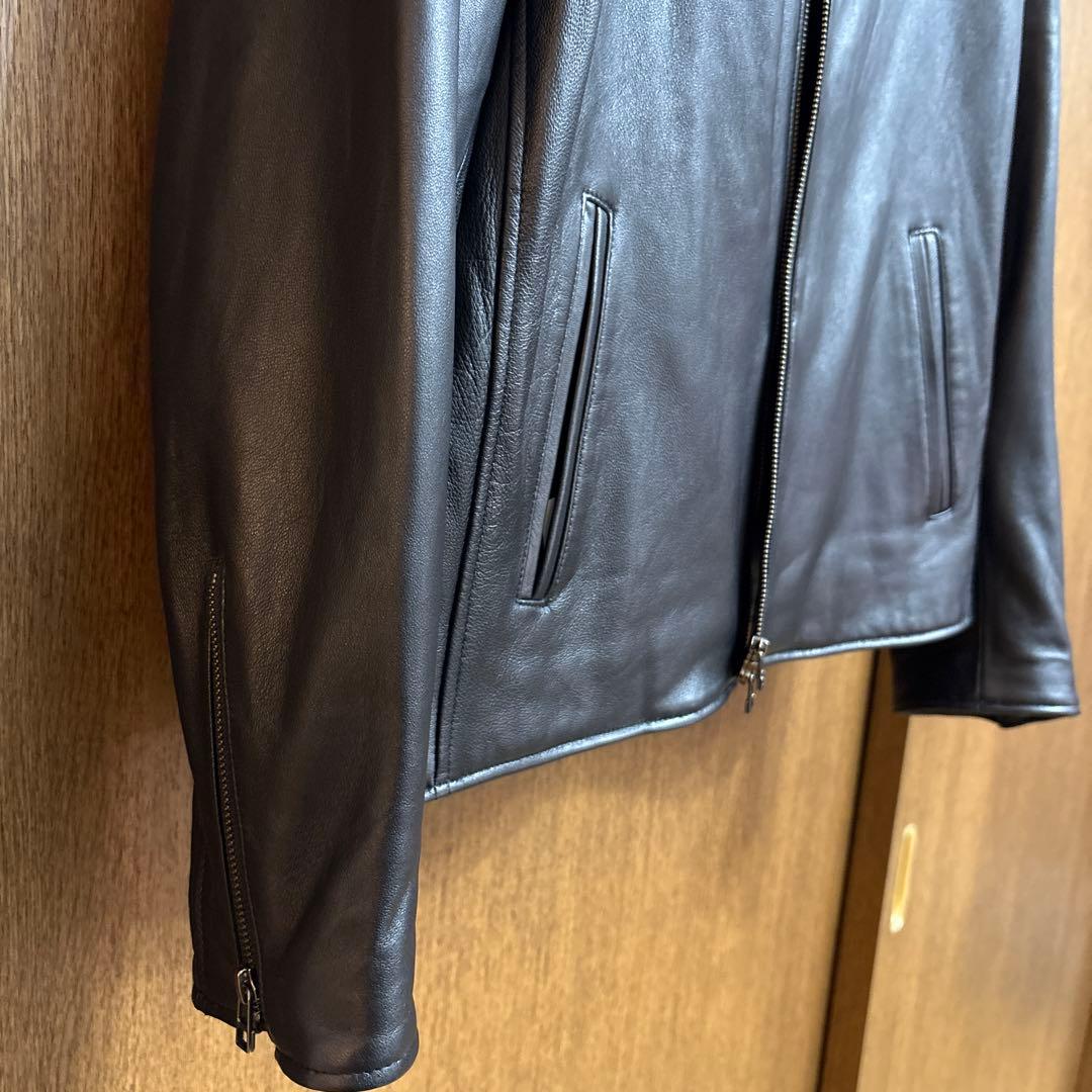 [ナノ・ユニバース] バンドカラー レザー シングル ライダースジャケット