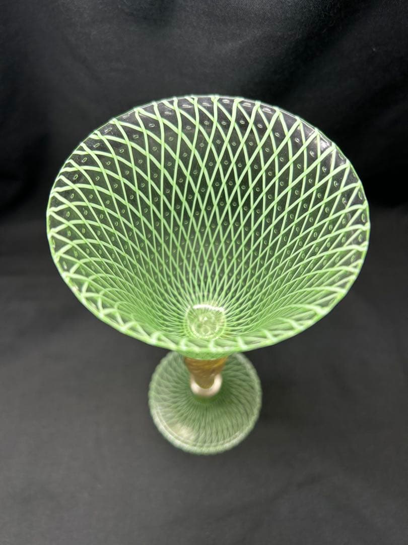 ベネチアングラスSeguso緑色網目模様ガラスカップ