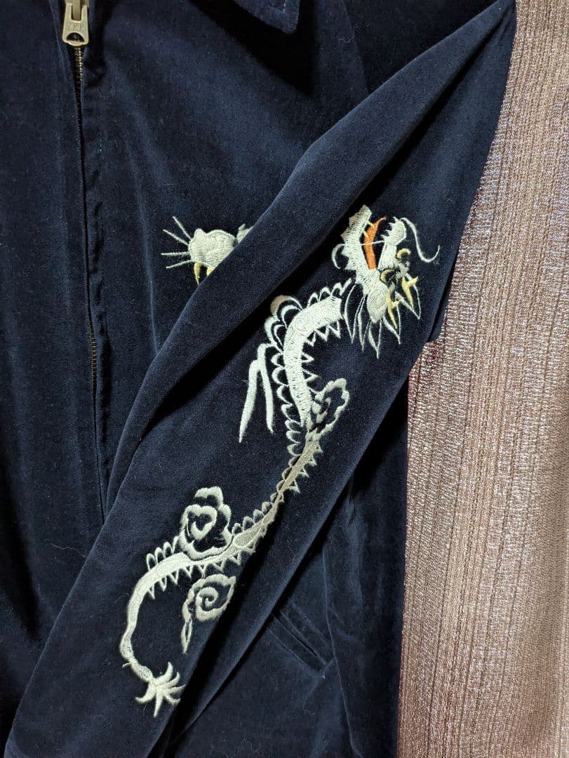ネイビー 別珍 襟付 ベトジャン スカジャンスーベニアジャケット豪華刺繍多数 M
