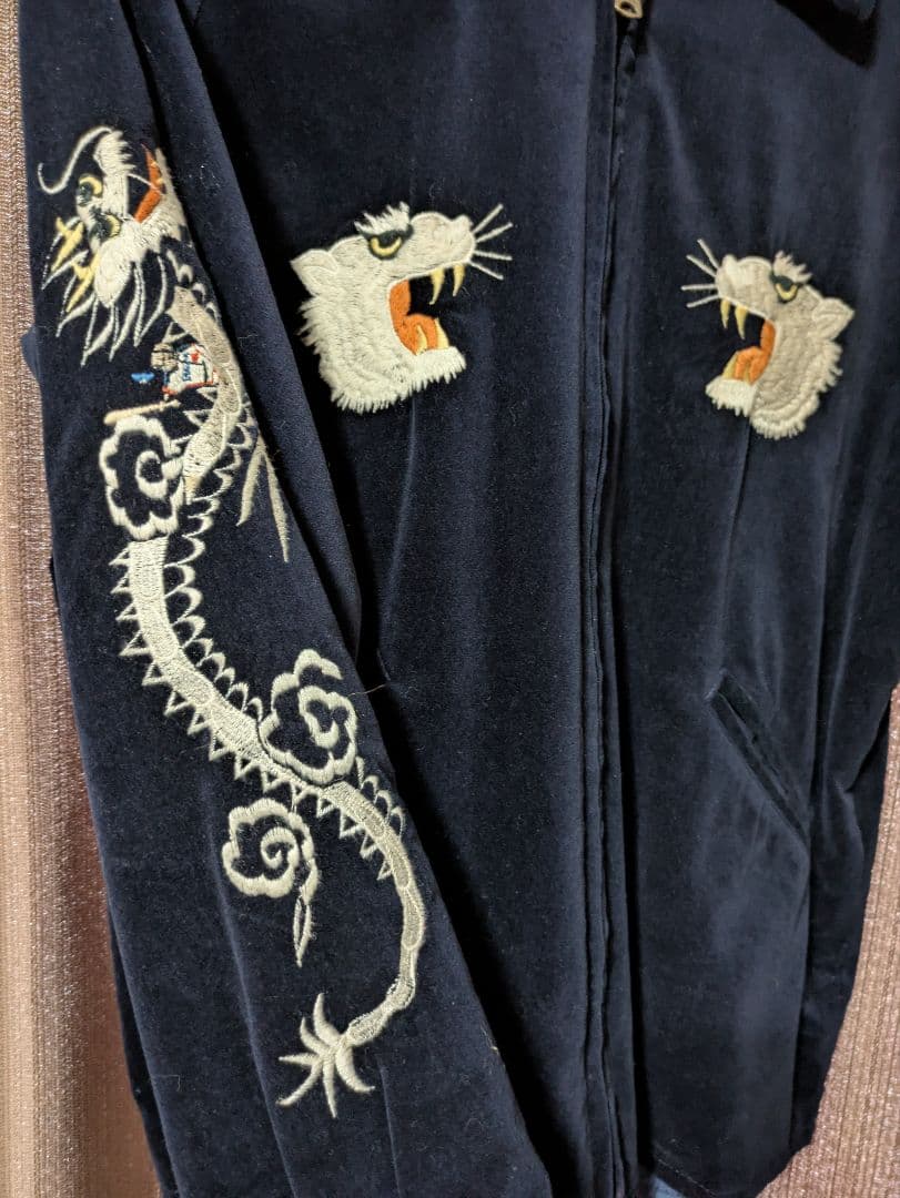 ネイビー 別珍 襟付 ベトジャン スカジャンスーベニアジャケット豪華刺繍多数 M