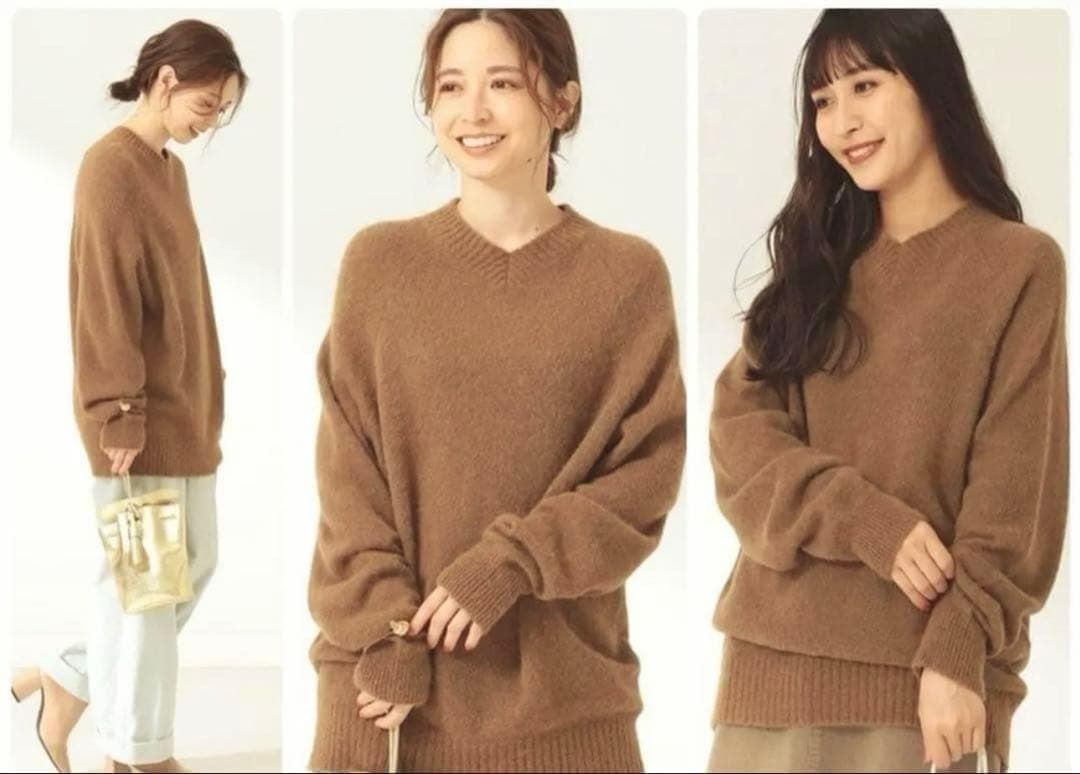 美品▲ATON エイトン//ベビーアルパカウールVネックニット▲キャメルブラウン