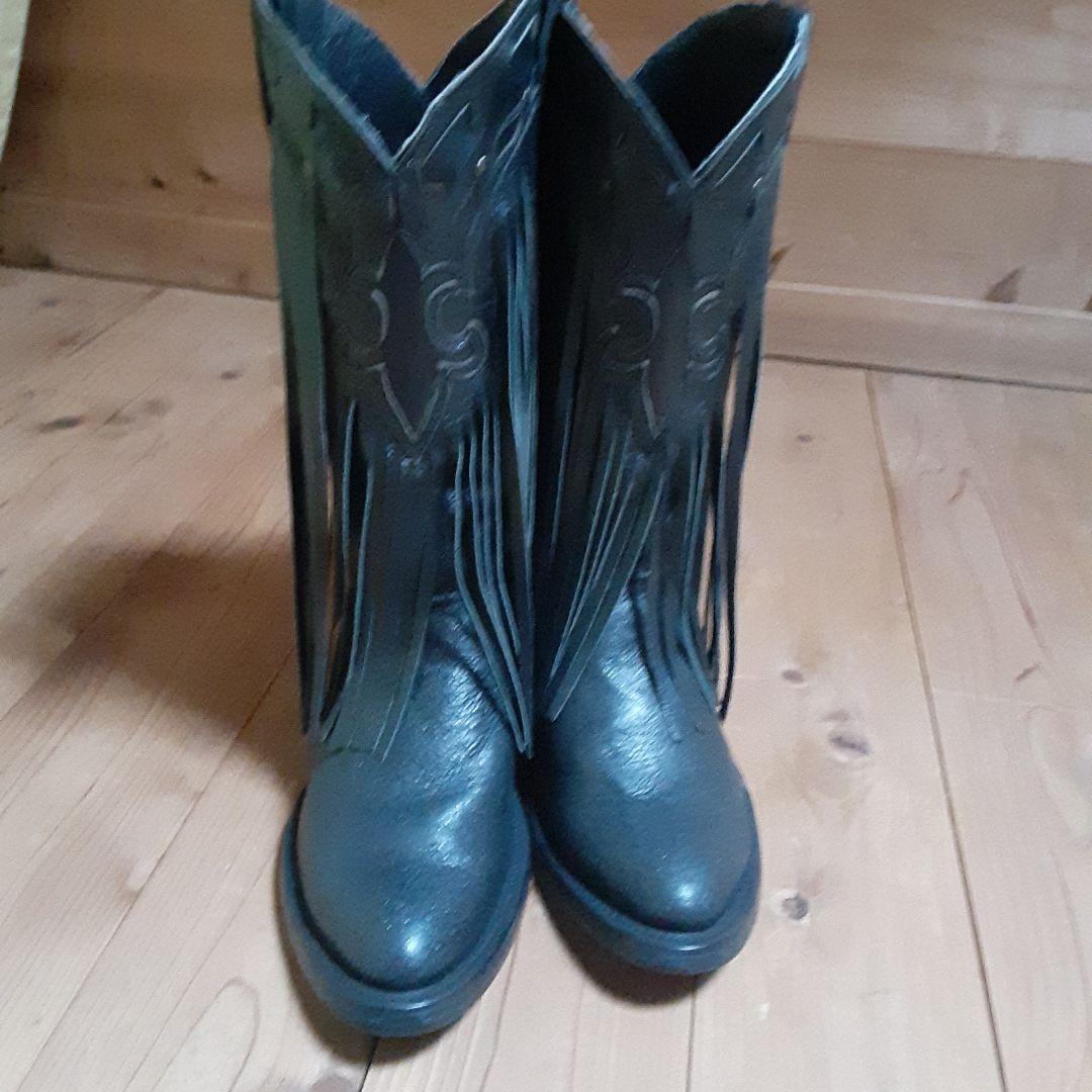 ハカ　ブラックレザーウエスタンブーツ フリンジ付き