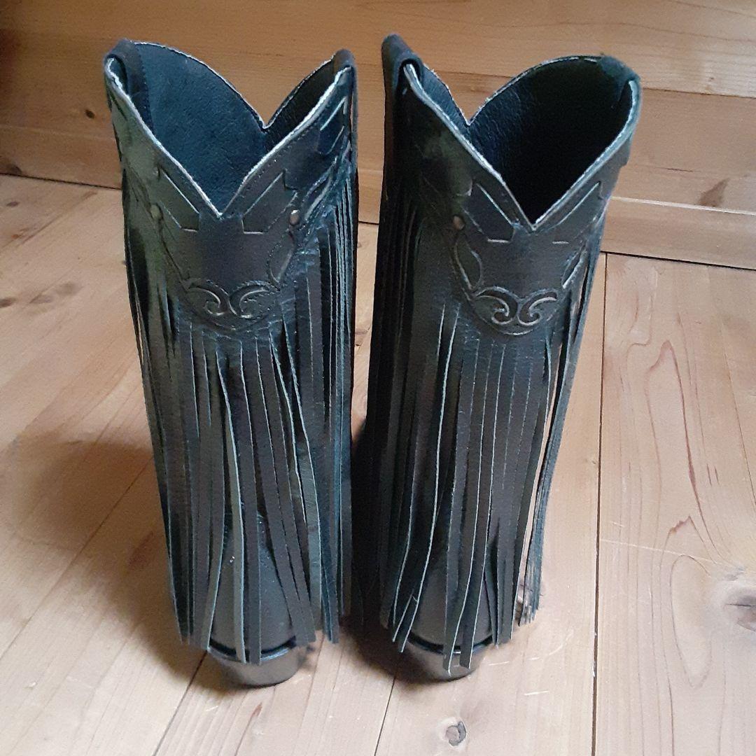 ハカ　ブラックレザーウエスタンブーツ フリンジ付き