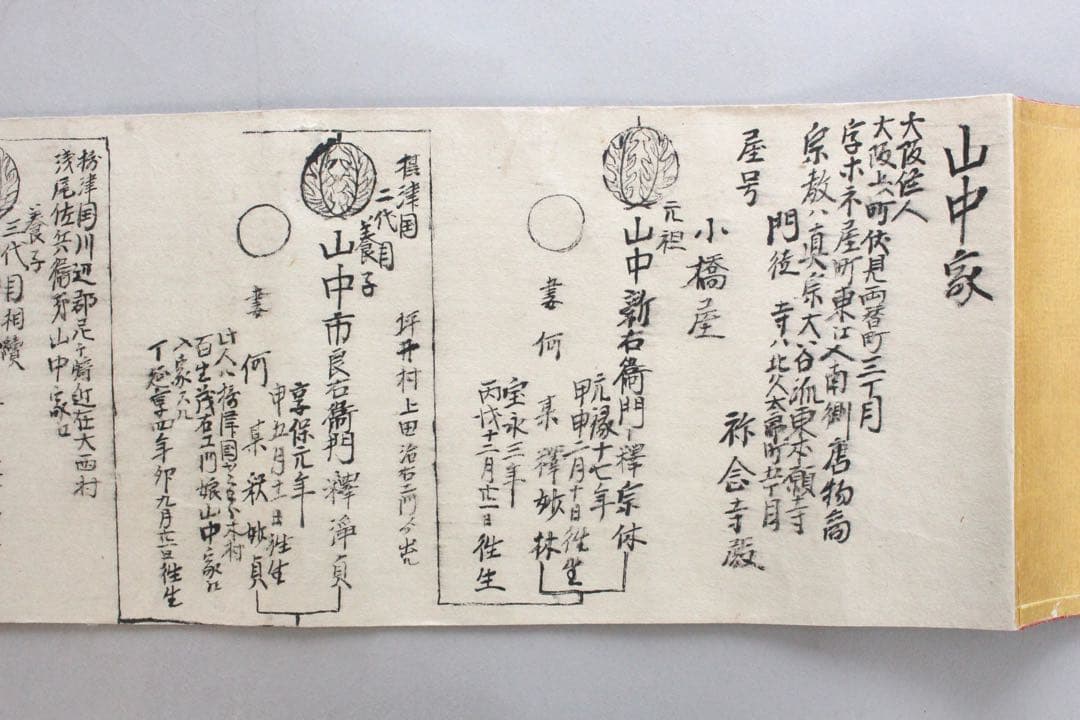 No4446 古文書　山中家　家系図　抱き柊紋　手書き　紙本　巻子装　送料無料