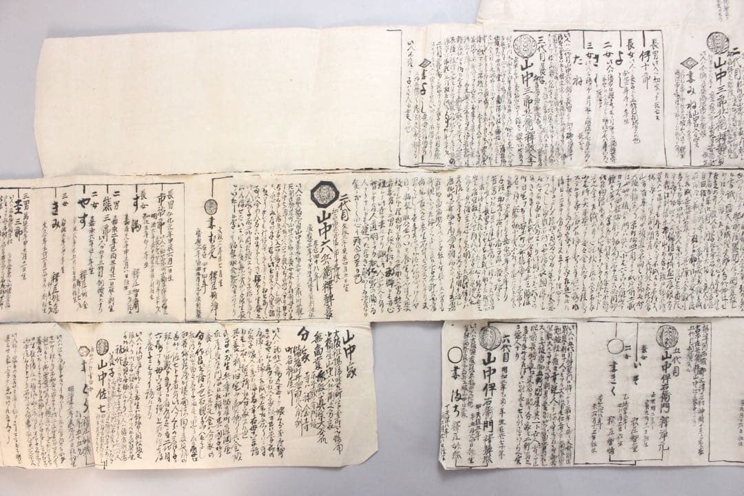 No4446 古文書　山中家　家系図　抱き柊紋　手書き　紙本　巻子装　送料無料
