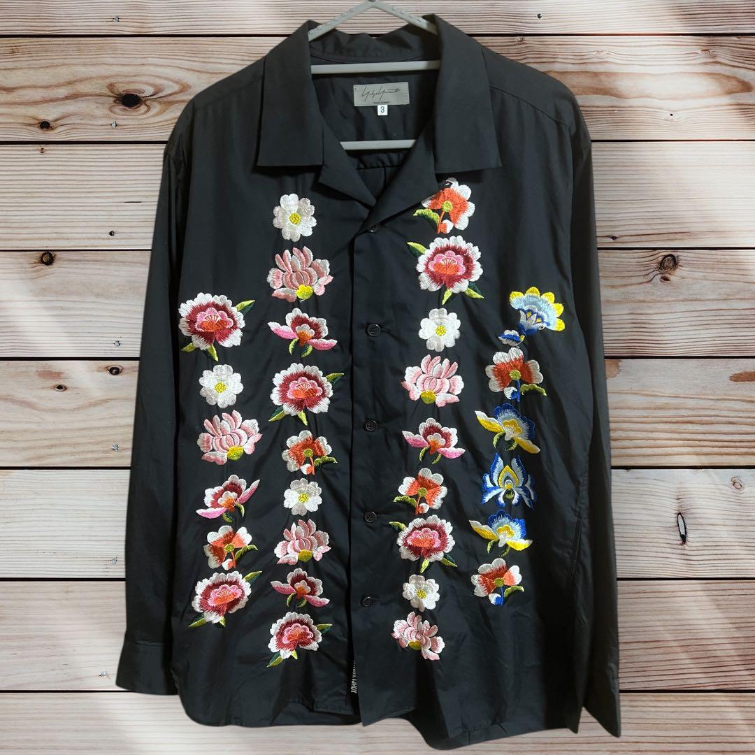 ヨウジヤマモト 花柄刺繍 オープンカラー長袖シャツ