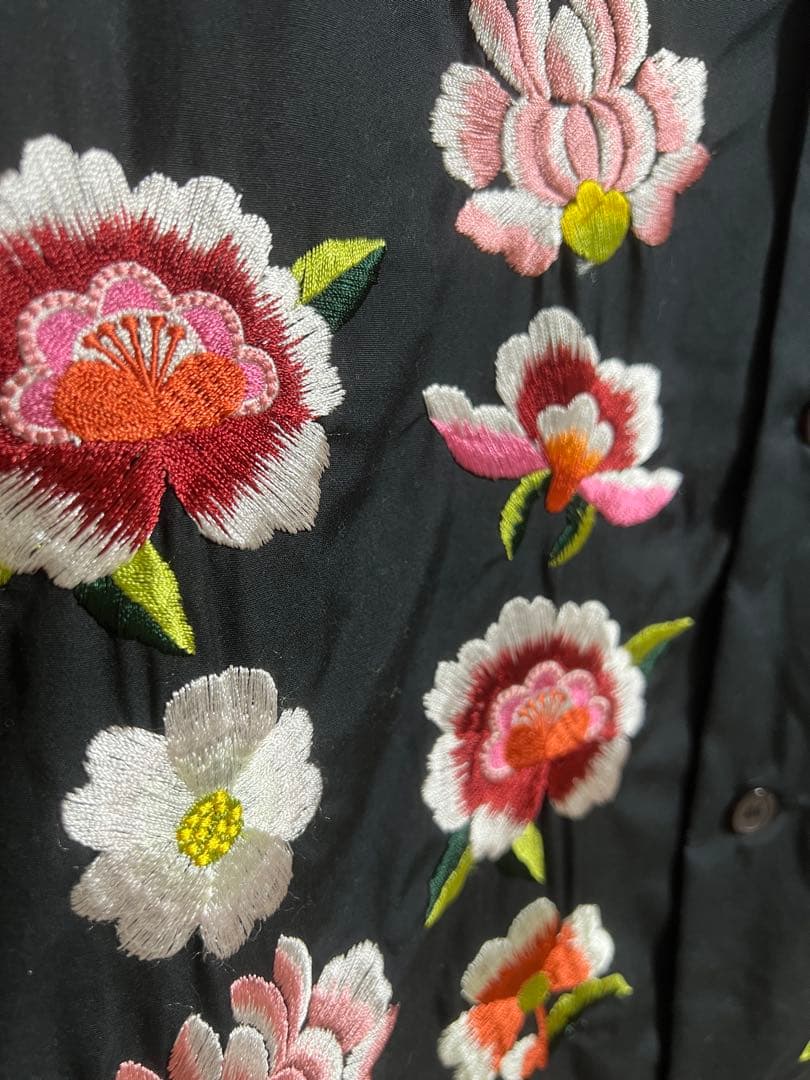 ヨウジヤマモト 花柄刺繍 オープンカラー長袖シャツ