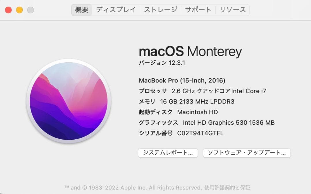【未だ現役】MacBookPro2016 15”　i7/16GB/250SSD