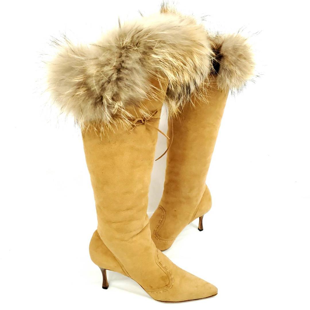 ★マノロブラニク　ロングブーツ　ステッチ　ブラウン　ラビットファー×スエード