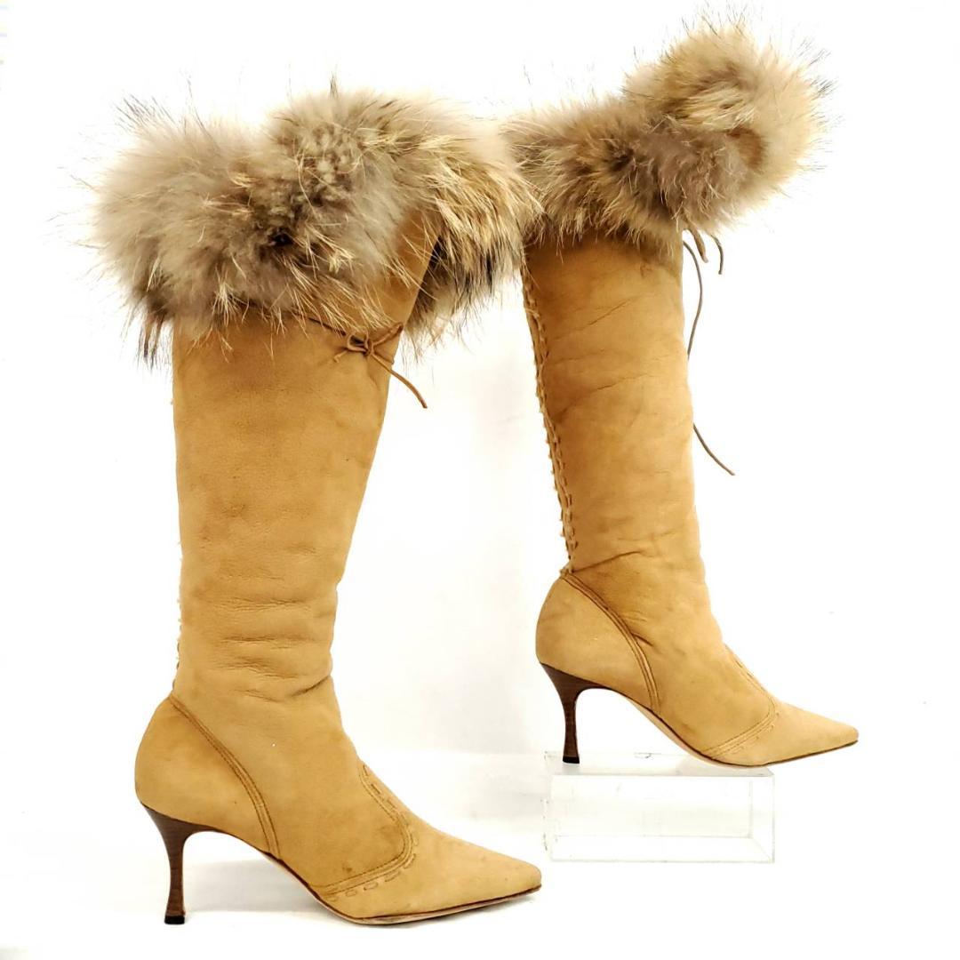 ★マノロブラニク　ロングブーツ　ステッチ　ブラウン　ラビットファー×スエード