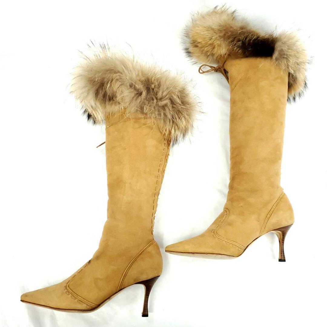 ★マノロブラニク　ロングブーツ　ステッチ　ブラウン　ラビットファー×スエード