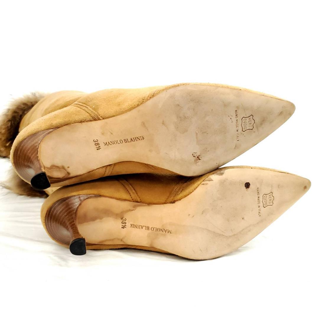 ★マノロブラニク　ロングブーツ　ステッチ　ブラウン　ラビットファー×スエード