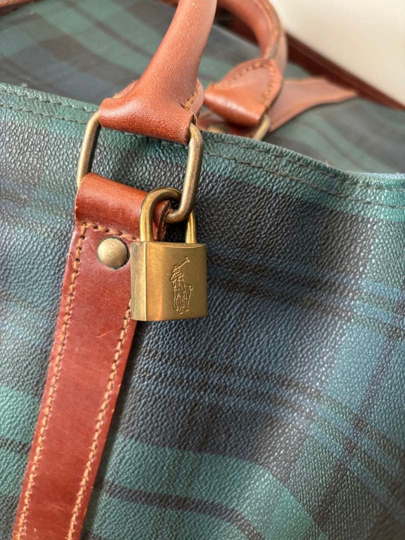 ポロラルフローレン! ボストンバッグ ダークグリーン チェック柄　大容量　鍵付き