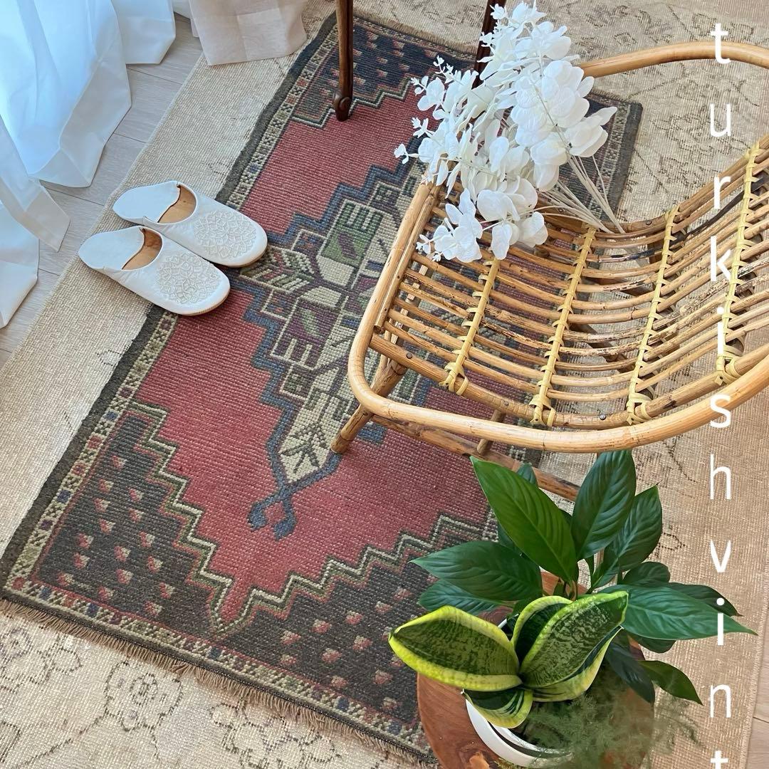 大きめ63×119上質くすみ大人ピンク　グレーメダリオン　トルコヴィンテージラグ