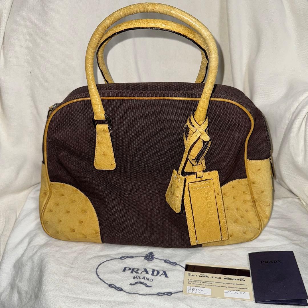 8日削除 PRADA オーストリッチ ボストンバッグ ハンドバッグ ロック キー