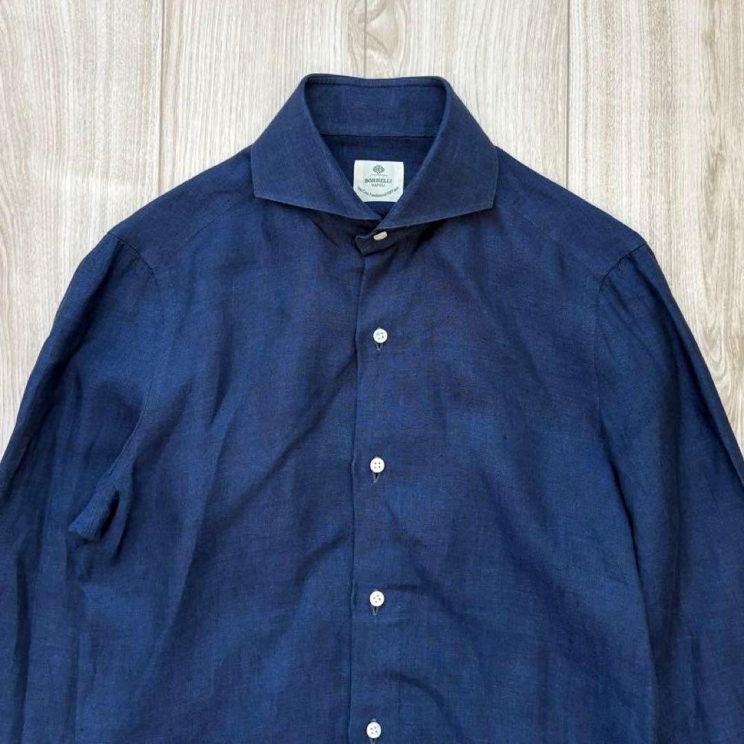 【極美品】BORRELLI リネン100% ドレスシャツ ネイビー 37 S