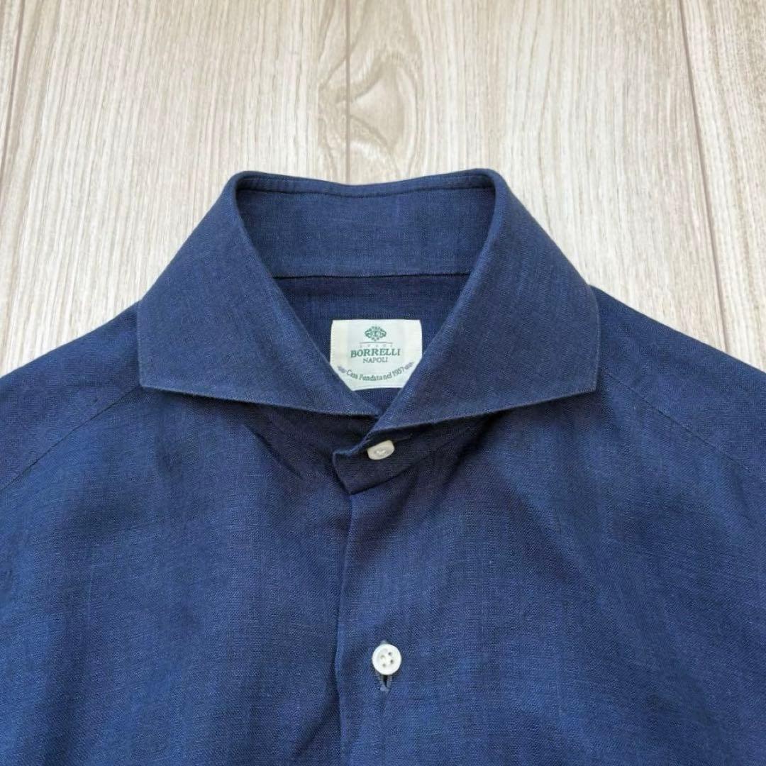 【極美品】BORRELLI リネン100% ドレスシャツ ネイビー 37 S
