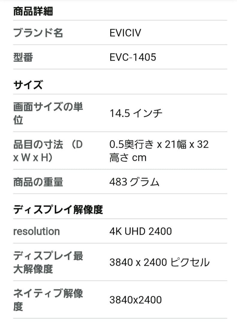 EVICIV　14.5インチ　4K UHD　モバイルモニター　保護フィルム付き