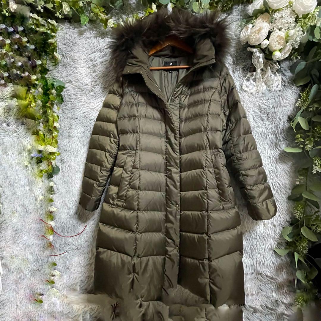 【美品】23区 洗える フード リアルファー ロング ダウンコート M カーキ