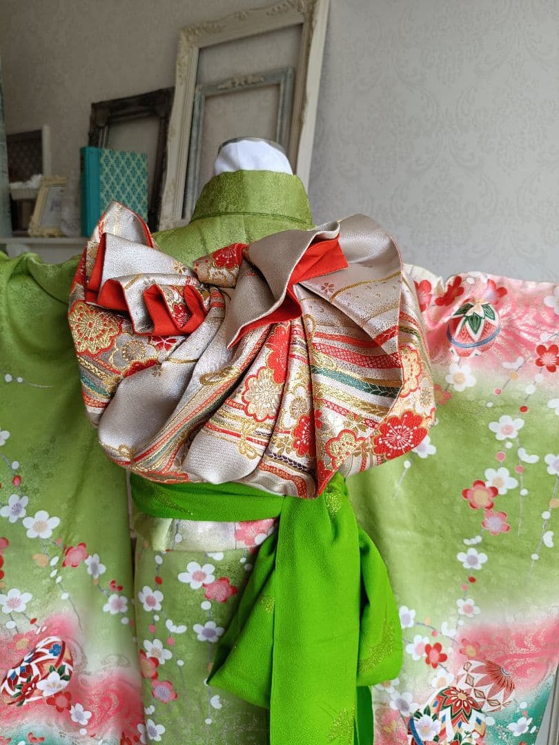 専用です☆抹茶色☆正絹着物とゴールド系袋帯☆七五三セット