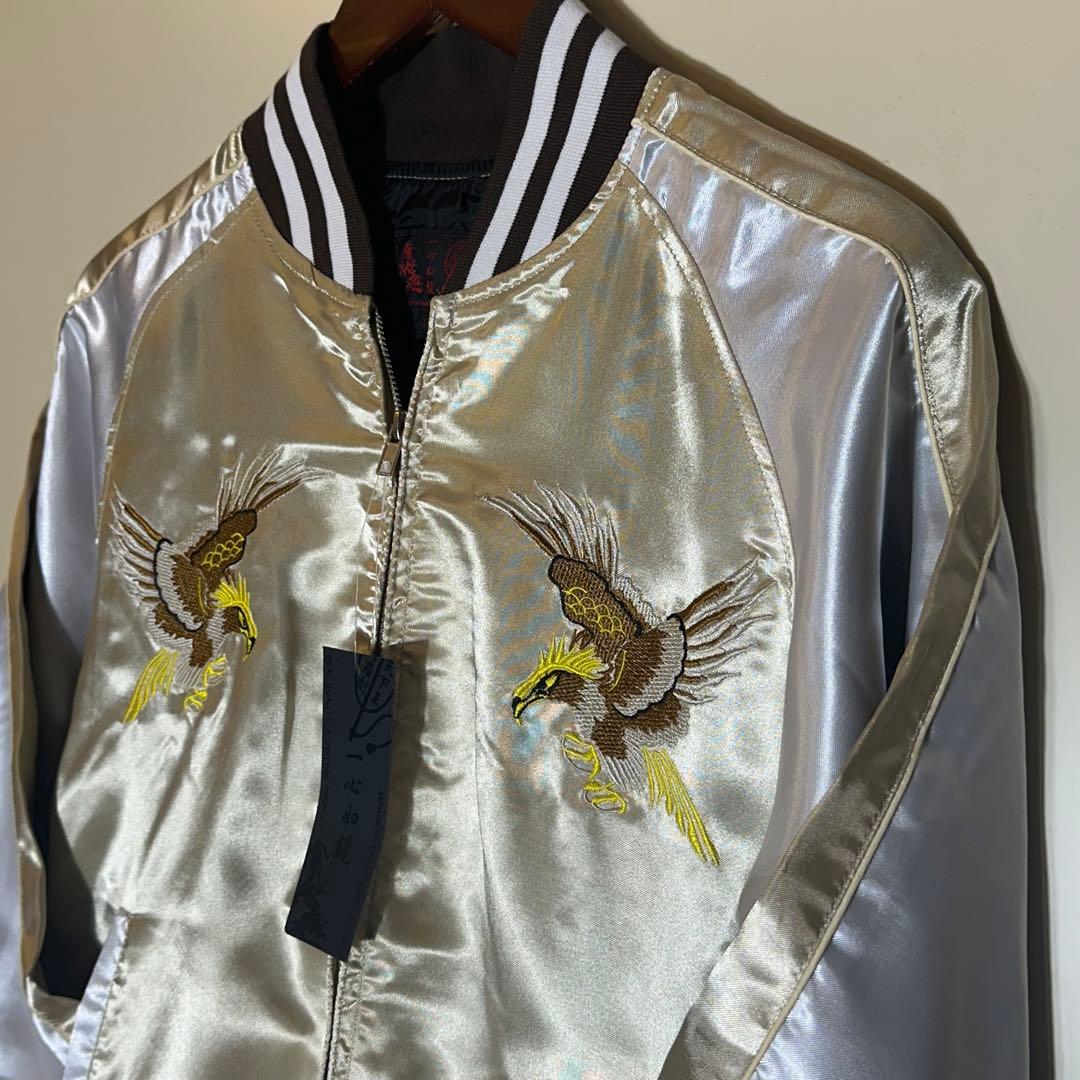 【新品】スカジャン 日本地図 鷹 舞妓 富士山刺繍 サテンスーベニア和柄ベージュ