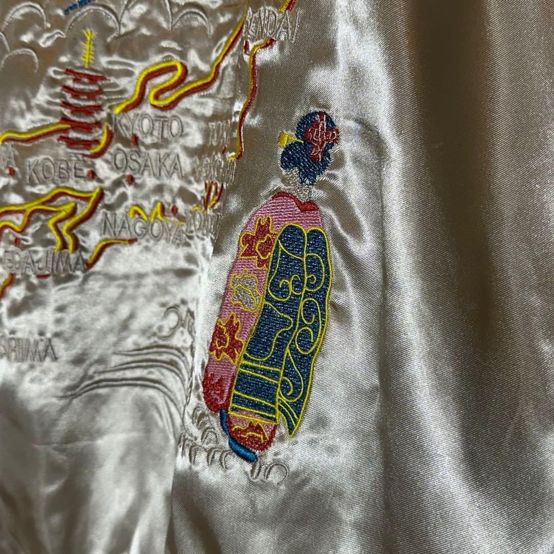 【新品】スカジャン 日本地図 鷹 舞妓 富士山刺繍 サテンスーベニア和柄ベージュ