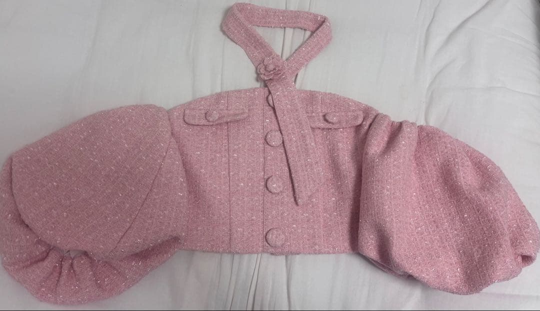 ホルターネックオフショルツイードトップPNK