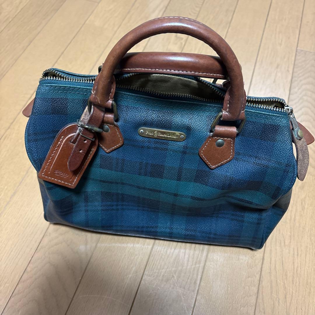 【美品】ポロラルフローレン ミニボストンバッグ チェック　緑　PVC レザー